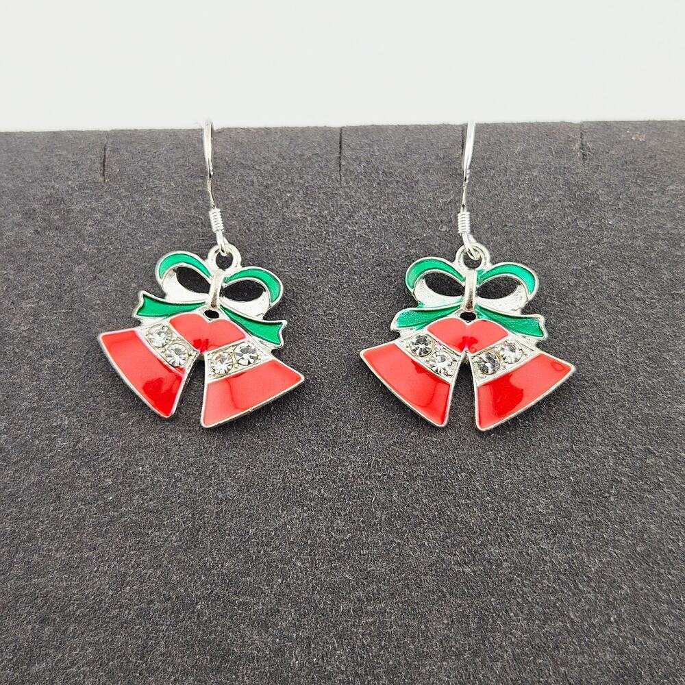 Christmas Bell Enamel Dangle Drop Earrings Sterling Silver Hook Holiday Party